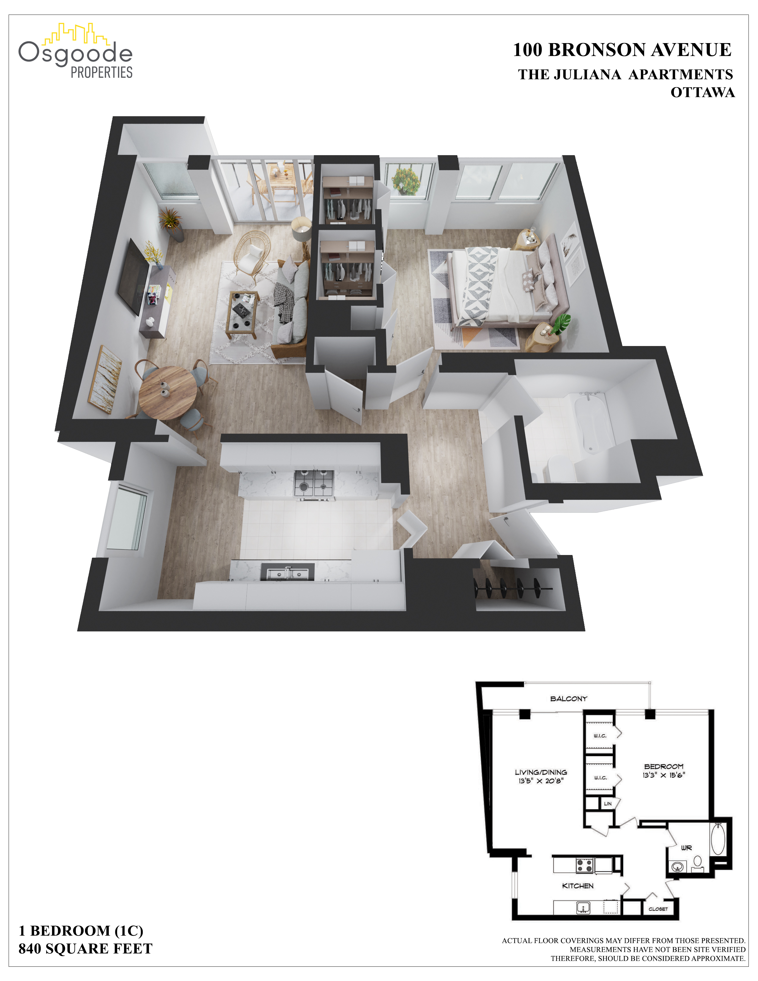 1 bedroom Apartments for rent in Ottawa at Juliana - Floorplan 01 - RentersPages – L406360