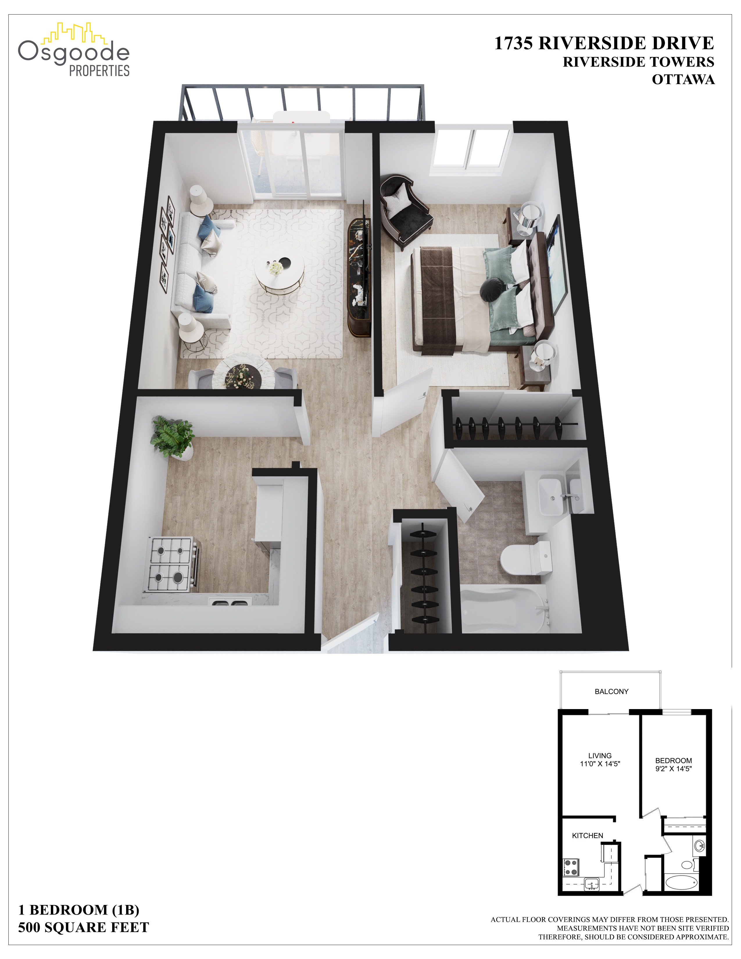 1 bedroom Apartments for rent in Ottawa at Riverside Towers - Floorplan 01 - RentersPages – L404977